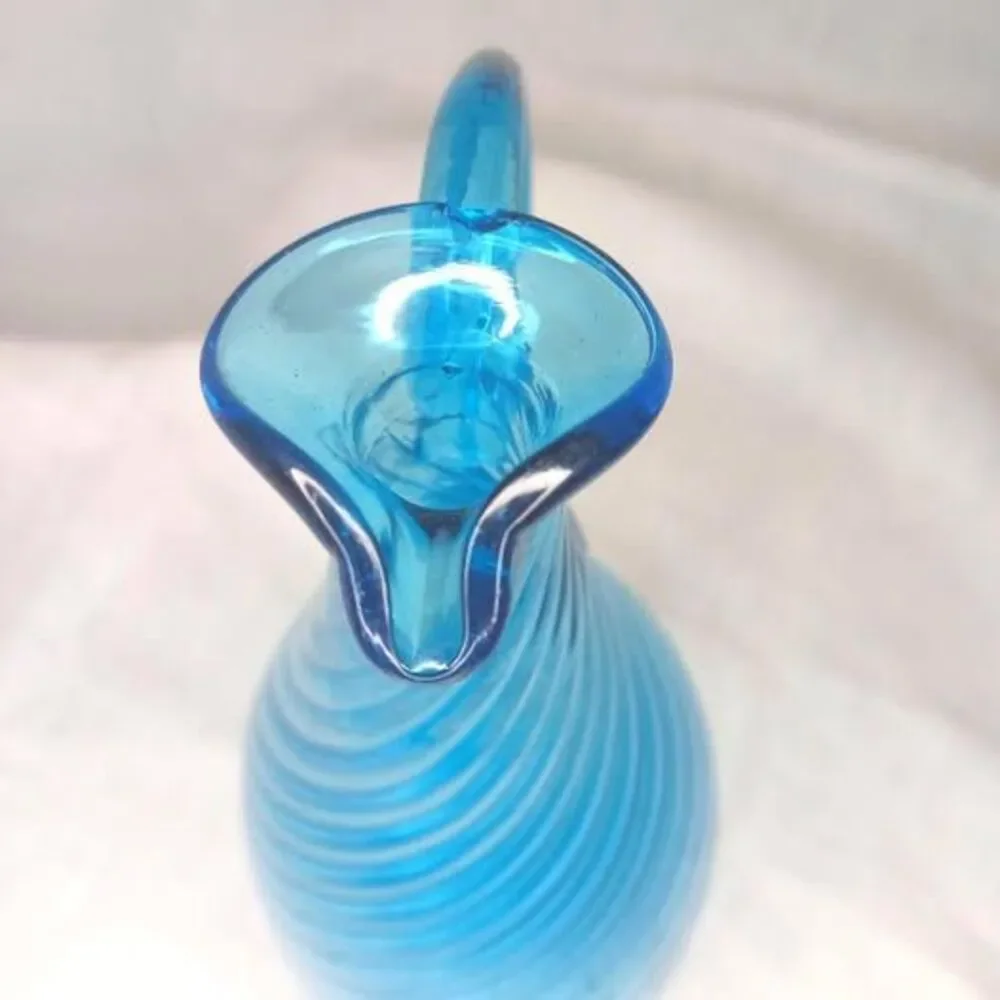 Handblown Italy 8 inch Swirl Blue Art Glass Carafe Ewer Cruet